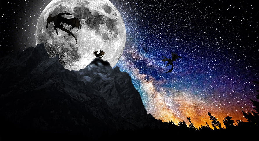Silhouetted Dragons Soaring Over a Mountain Peak Beneath a Full Moon and Milky Way HD wallpaper