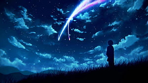 Anime Night Sky With Shooting Star And Silhouette On Hilltop HD wallpaper