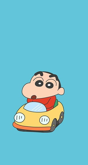 Shinchan Riding a Yellow Toy Car on a Solid Blue Background HD phone wallpaper