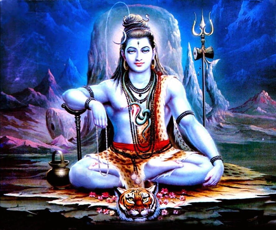 Lord Shiva Meditating on Tiger Skin with Trishula and Rudraksha Beads HD wallpaper