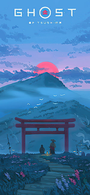 Ghost of Tsushima Illustration: Torii Gate and Samurai at Sunset HD phone wallpaper