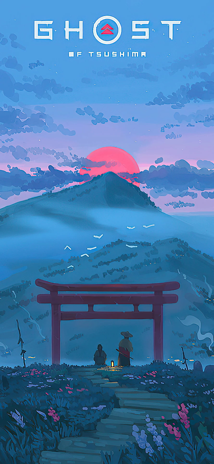 Ghost of Tsushima Illustration: Torii Gate and Samurai at Sunset HD phone wallpaper