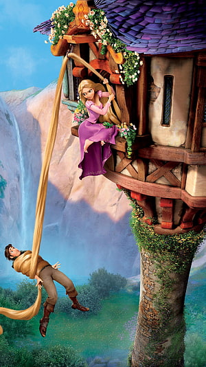Rapunzel and Flynn Rider in the Tower from Disney's Tangled Animated Film HD phone wallpaper