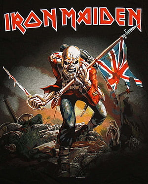 Iron Maiden Eddie The Trooper Battle Scene with Union Jack Flag and Sword HD phone wallpaper