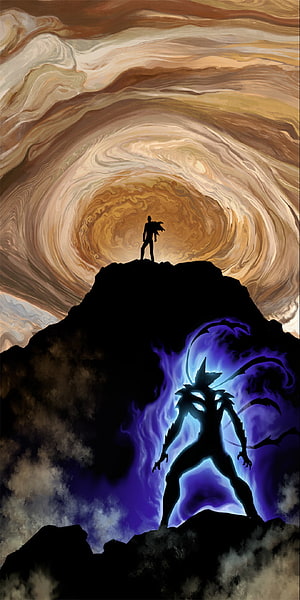 One Punch Man Saitama and Garou Silhouettes on a Dramatic Cliff, Saitama vs Garou, art, manga, onepunchman HD phone wallpaper