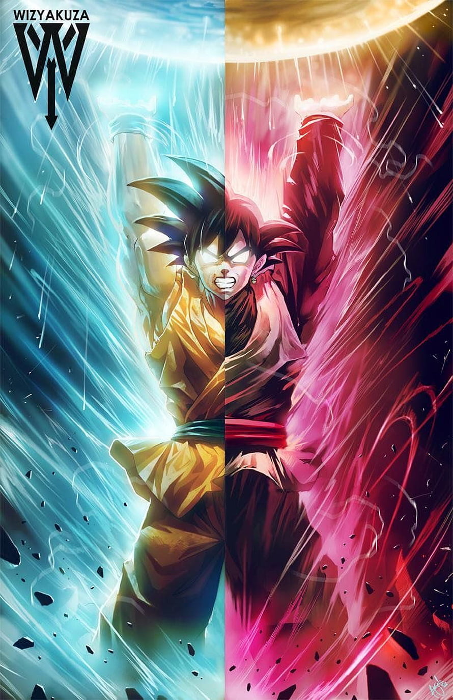 Goku Ultra Instinct and Super Saiyan God Split Artwork by WIZYAKUZA HD phone wallpaper
