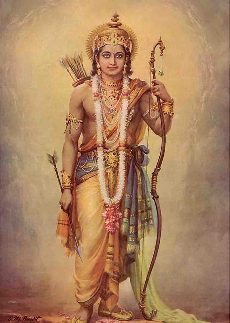 Traditional Indian Painting of Lord Rama Holding Bow and Arrows in Golden Attire HD phone wallpaper
