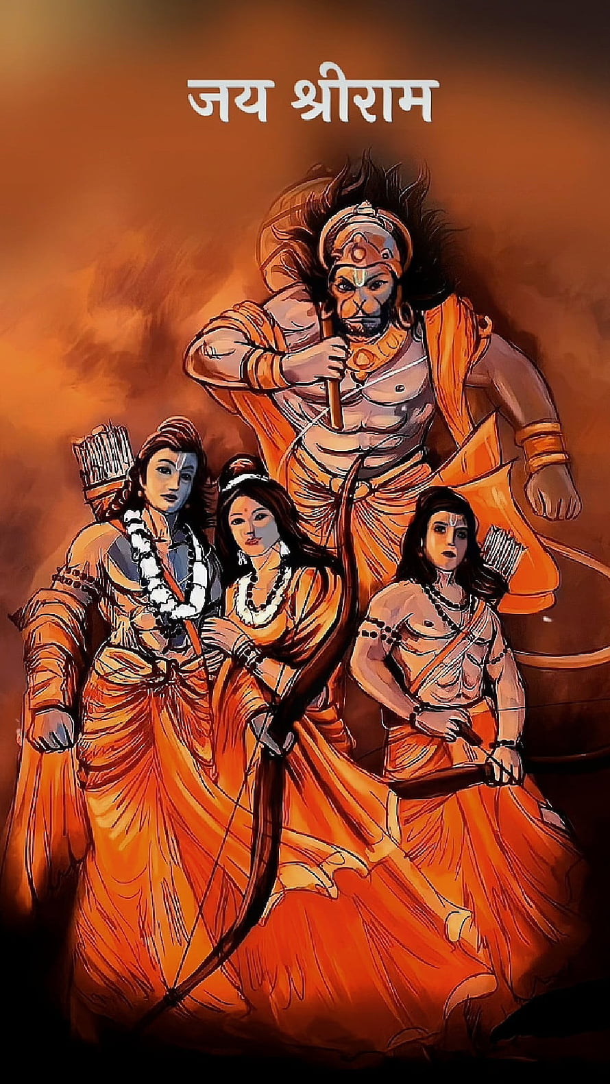 Hanuman, Rama, Sita, and Lakshmana in a dramatic orange digital illustration HD phone wallpaper