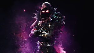Fortnite Dark Ninja Character with Glowing Red Eyes and Purple Smoke Background HD wallpaper