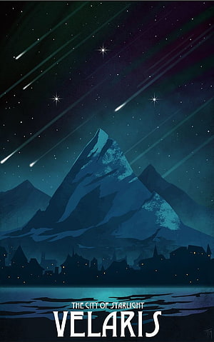 Velaris City of Starlight Night Sky with Shooting Stars and Mountain Silhouette HD phone wallpaper