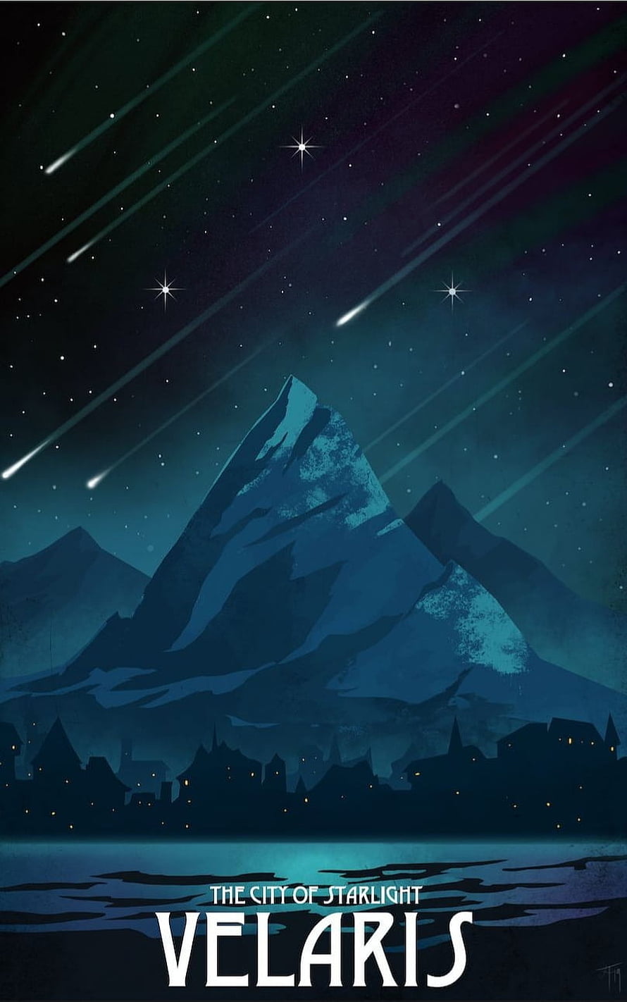 Velaris City of Starlight Night Sky with Shooting Stars and Mountain Silhouette HD phone wallpaper
