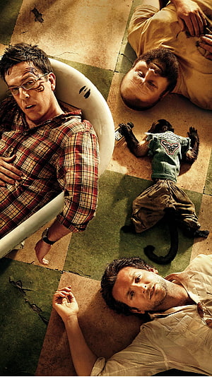 The Hangover Part II Movie Poster Featuring Three Men and a Monkey on a Tiled Floor HD phone wallpaper