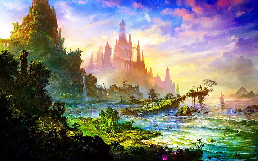 Mystical Fantasy Castle on a Misty Island with Vibrant Sunset Sky and Lush Tropical Coastline HD wallpaper
