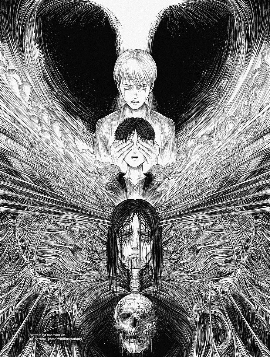 Attack on Titan Rumbling Concept Art with Angel Wings and Skull HD phone wallpaper