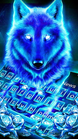 Glowing Blue Wolf Keyboard Theme with Neon Roses and Starry Background HD phone wallpaper