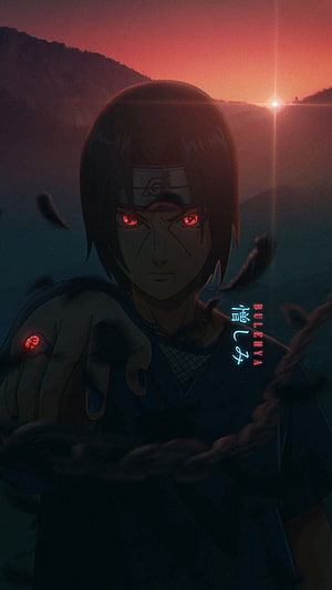 Itachi Uchiha Sharingan Portrait at Sunset with Chains and Dark Atmosphere HD phone wallpaper