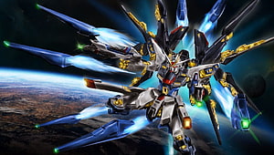 Strike Freedom Gundam in Orbit with Thrusters and Winged Armor HD wallpaper
