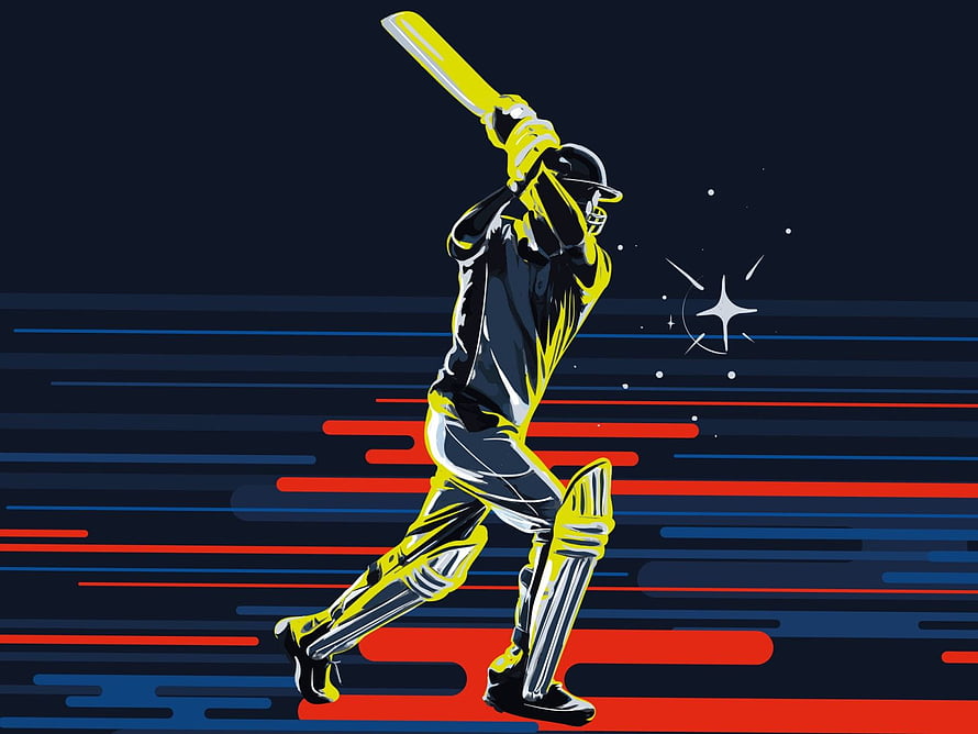 Dynamic Cricket Batsman Illustration with Neon Yellow and Red Speed Lines on Dark Background HD wallpaper