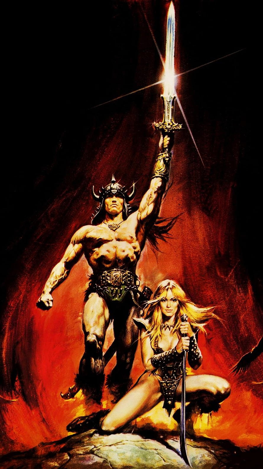 Conan the Barbarian 1982 Movie Poster Art with Red Fire Background HD phone wallpaper