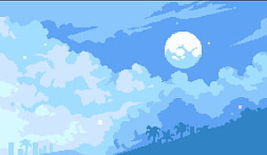 Pixel Art Blue Sky with Moon and Clouds Over Tropical Silhouette HD wallpaper