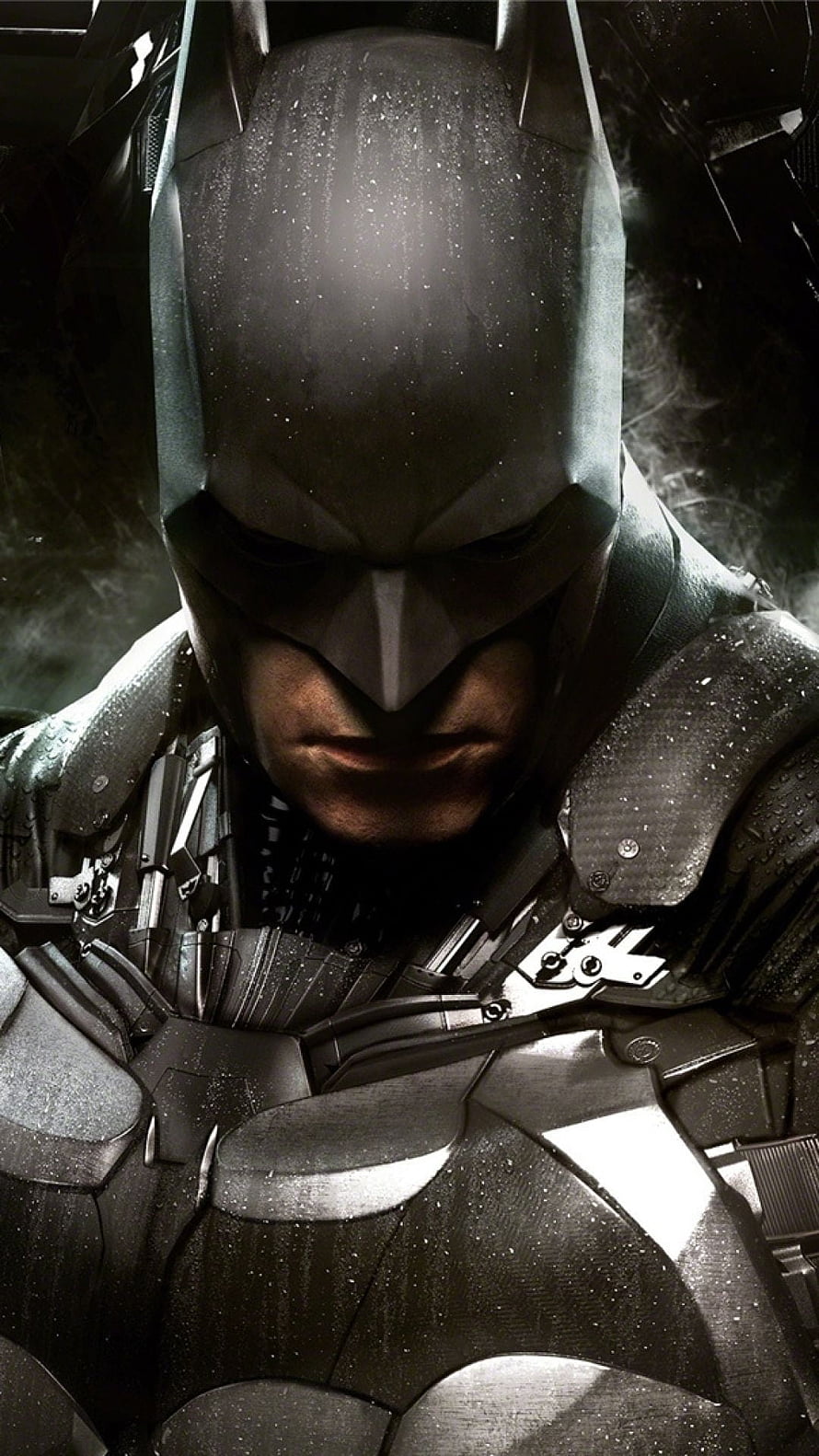 Batman Arkham Knight armored suit close-up with rain droplets and dark cinematic lighting HD phone wallpaper