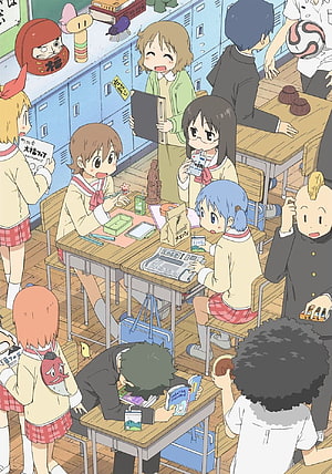 Nichijou Anime Classroom Scene With Students and Lockers HD phone wallpaper