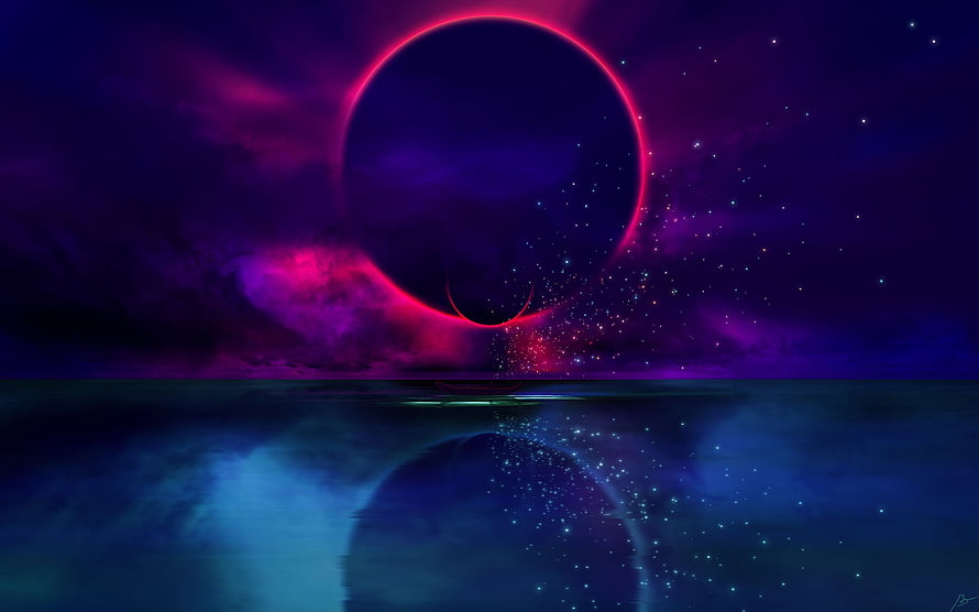 Neon Eclipse Over Calm Sea with Cosmic Starburst and Purple Nebula Reflection HD wallpaper