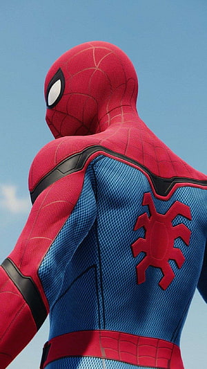 Spider-Man Iron Spider Suit Back View Against Clear Blue Sky, Spiderman, Avengers HD phone wallpaper