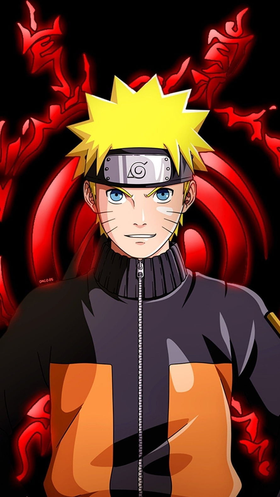 Naruto Uzumaki Anime Portrait with Red Chakra Aura and Konoha Headband HD phone wallpaper