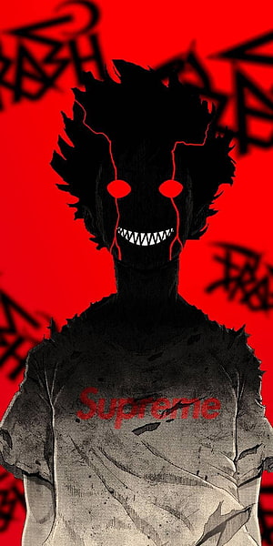 Horror Anime Character with Glowing Red Eyes and Supreme T-Shirt on Red Background HD phone wallpaper