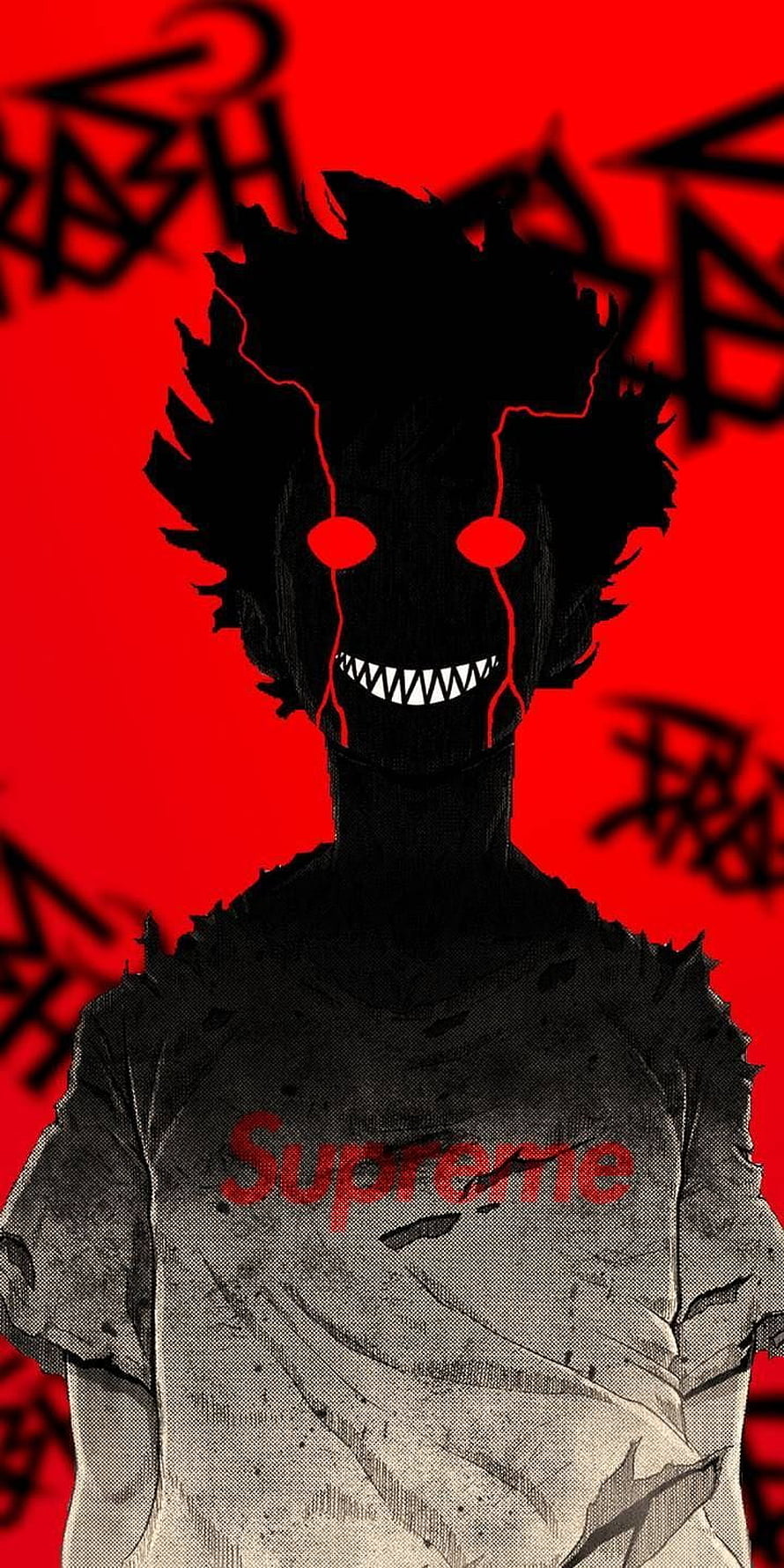 Horror Anime Character with Glowing Red Eyes and Supreme T-Shirt on Red Background HD phone wallpaper