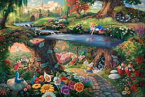 Thomas Kinkade Disney Alice in Wonderland Garden Scene with Whimsical Characters HD wallpaper