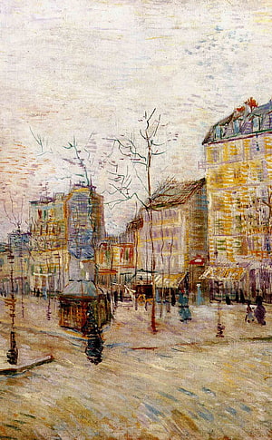 Vincent van Gogh Impressionistic Paris Street Scene with Market Stalls and Bare Trees HD phone wallpaper