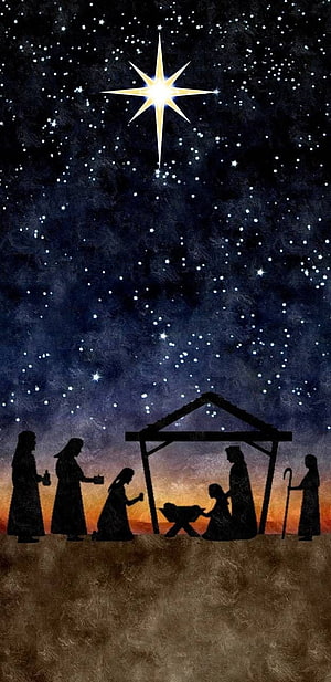 Silhouette Nativity Scene with Star of Bethlehem and Starry Night Sky HD phone wallpaper