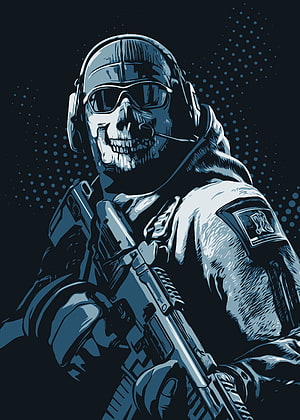 Ghost from Call of Duty Ghosts in Tactical Gear Holding Rifle in Blue Monochrome Illustration HD phone wallpaper