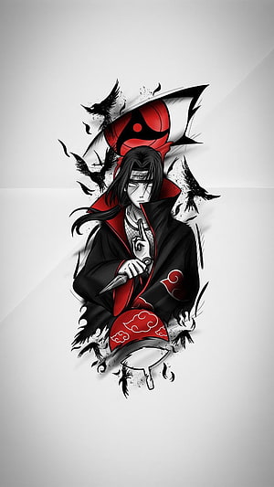 Itachi Uchiha in Akatsuki Cloak with Sharingan and Crows Anime Illustration HD phone wallpaper