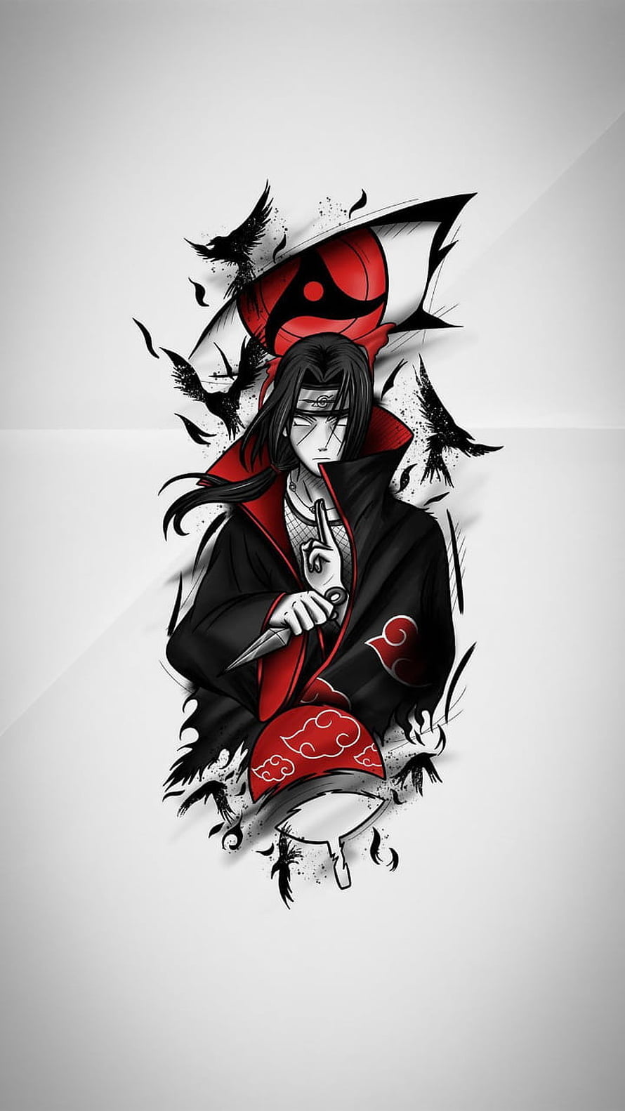 Itachi Uchiha in Akatsuki Cloak with Sharingan and Crows Anime Illustration HD phone wallpaper