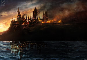 Hogwarts Castle Enveloped in Flames and Smoke at Dusk HD wallpaper
