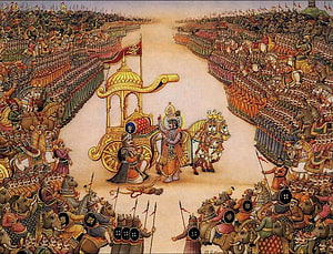 Krishna and Arjuna on the Battlefield of Kurukshetra in the Bhagavad Gita HD wallpaper