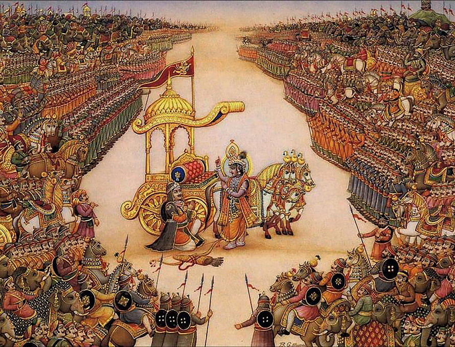 Krishna and Arjuna on the Battlefield of Kurukshetra in the Bhagavad Gita HD wallpaper