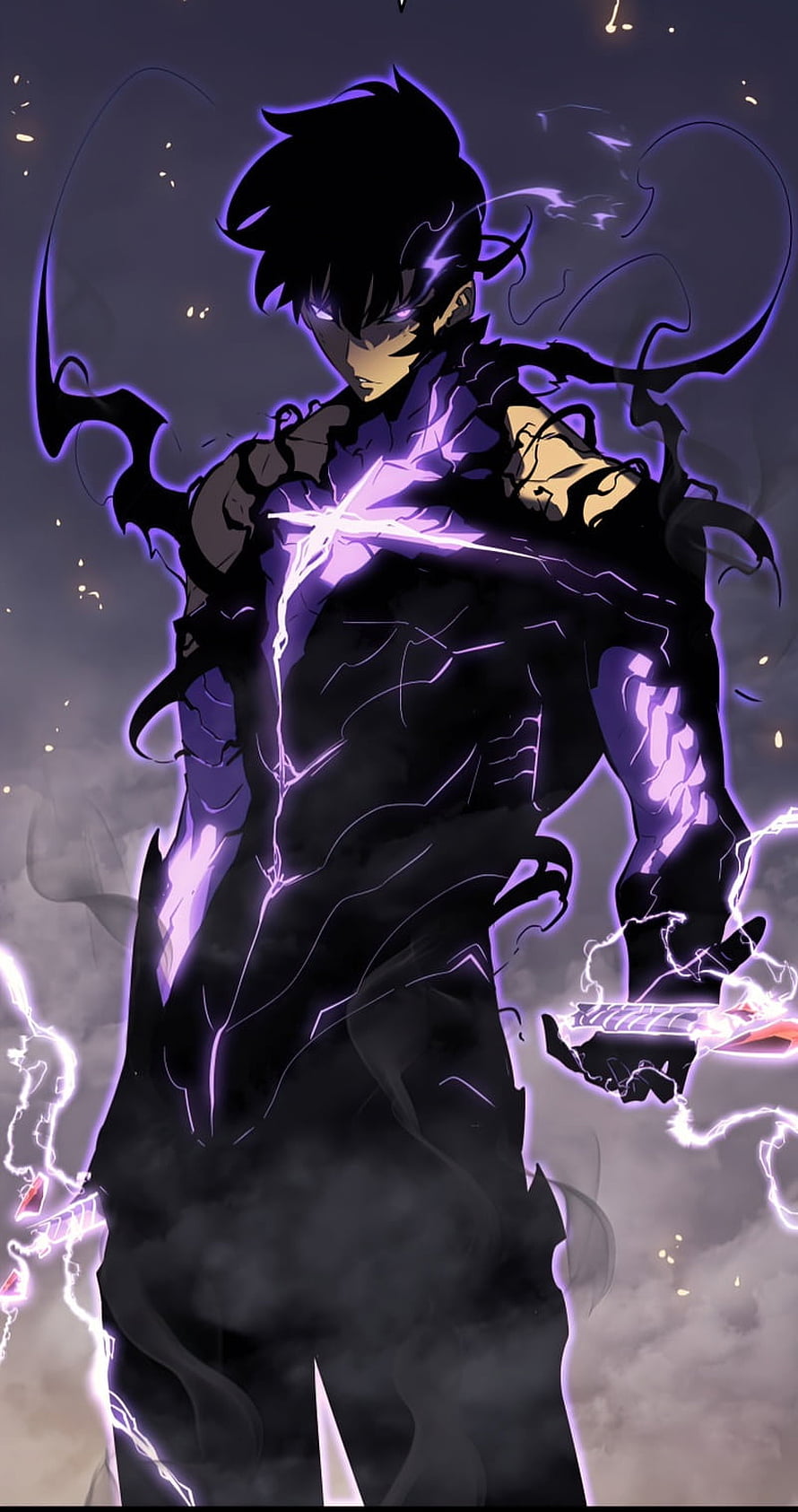 Shadow Monarch from Solo Leveling in Dark Purple Lightning Aura HD phone wallpaper