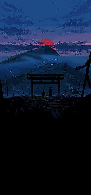 Ghost of Tsushima Twilight Torii Gate and Mountain Landscape Digital Art HD phone wallpaper