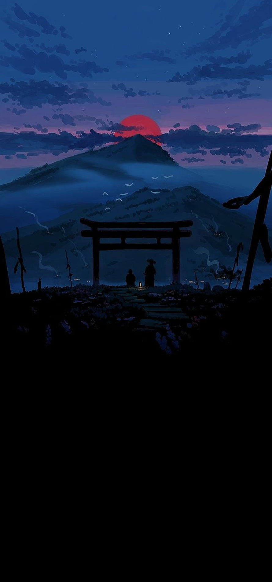 Ghost of Tsushima Twilight Torii Gate and Mountain Landscape Digital Art HD phone wallpaper