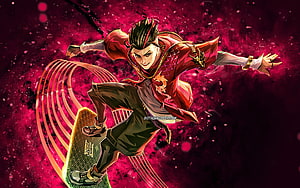 Chou Stun from Mobile Legends in a dynamic action pose with a glowing skateboard against a vivid magenta background HD wallpaper