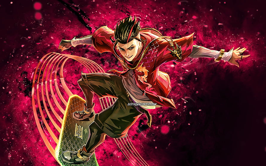 Chou Stun from Mobile Legends in a dynamic action pose with a glowing skateboard against a vivid magenta background HD wallpaper