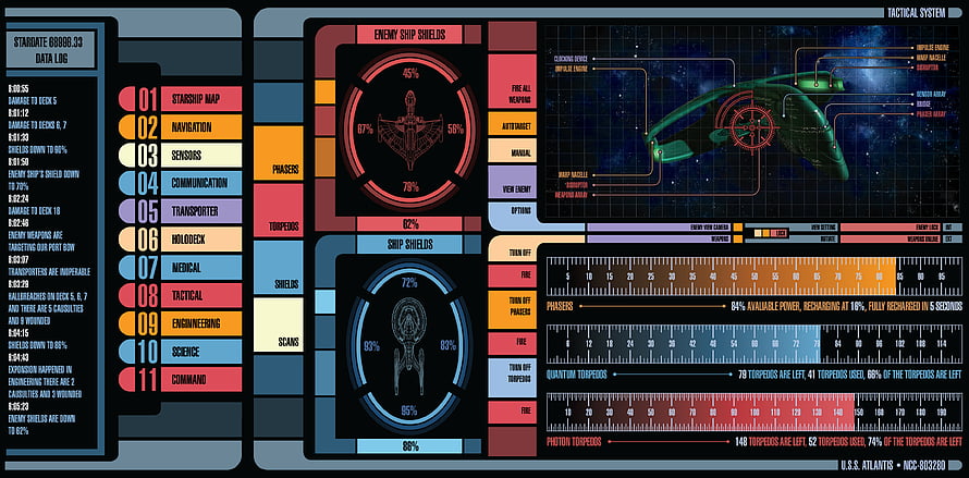 Star Trek LCARS Tactical System Interface with Ship Shields and Torpedo Readouts HD wallpaper