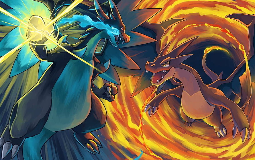Mega Charizard X and Y Battle Scene with Fire and Ice Energy Effects HD wallpaper