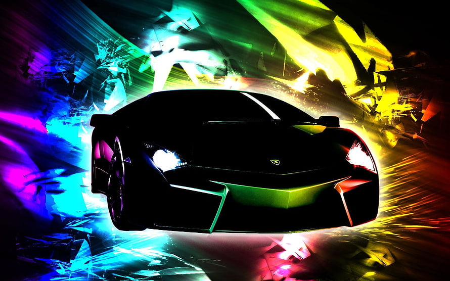 Black Lamborghini Aventador Silhouette Against Vibrant Neon Light Streaks HD wallpaper