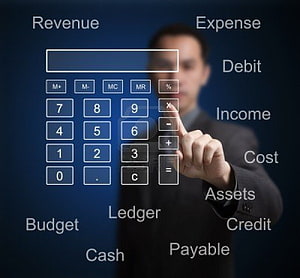 Businessman Interacting with Digital Calculator Interface for Financial Accounting and Budget Planning HD wallpaper