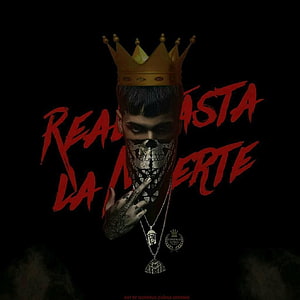 Anuel AA wearing a gold crown and skull mask with red graffiti text on a black background HD phone wallpaper